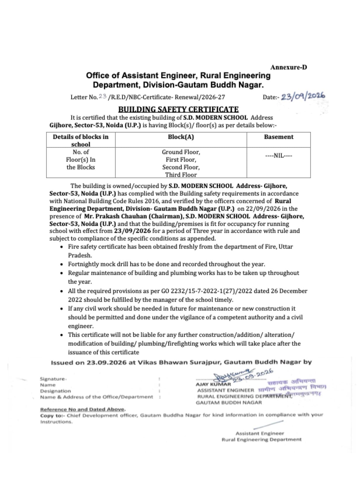 Building Safety Certificate - S.D. Modern School